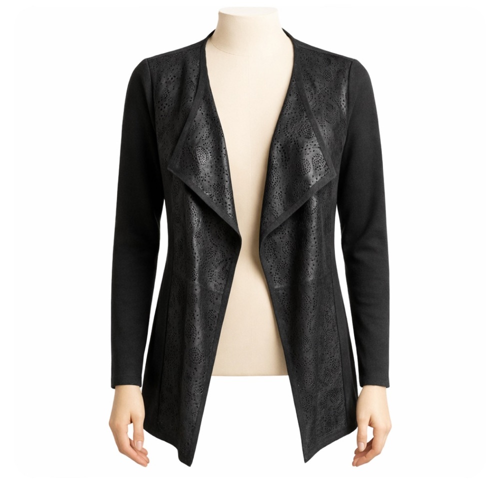 NWT Elie Tahari Black Wool and Leather Drape Open Cardigan